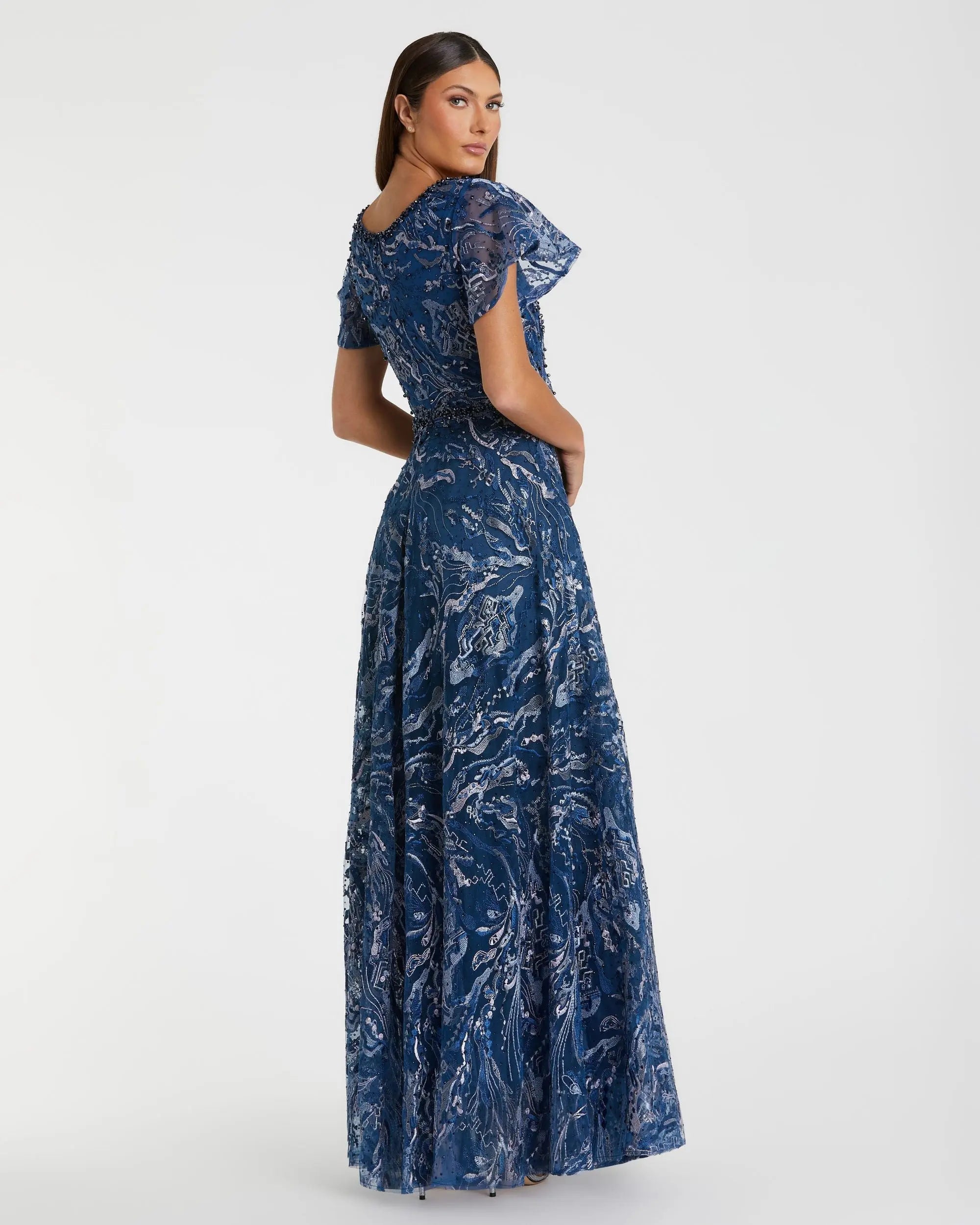 Navy Embellished Illusion Butterfly Sleeve A-Line Gown - Image 3