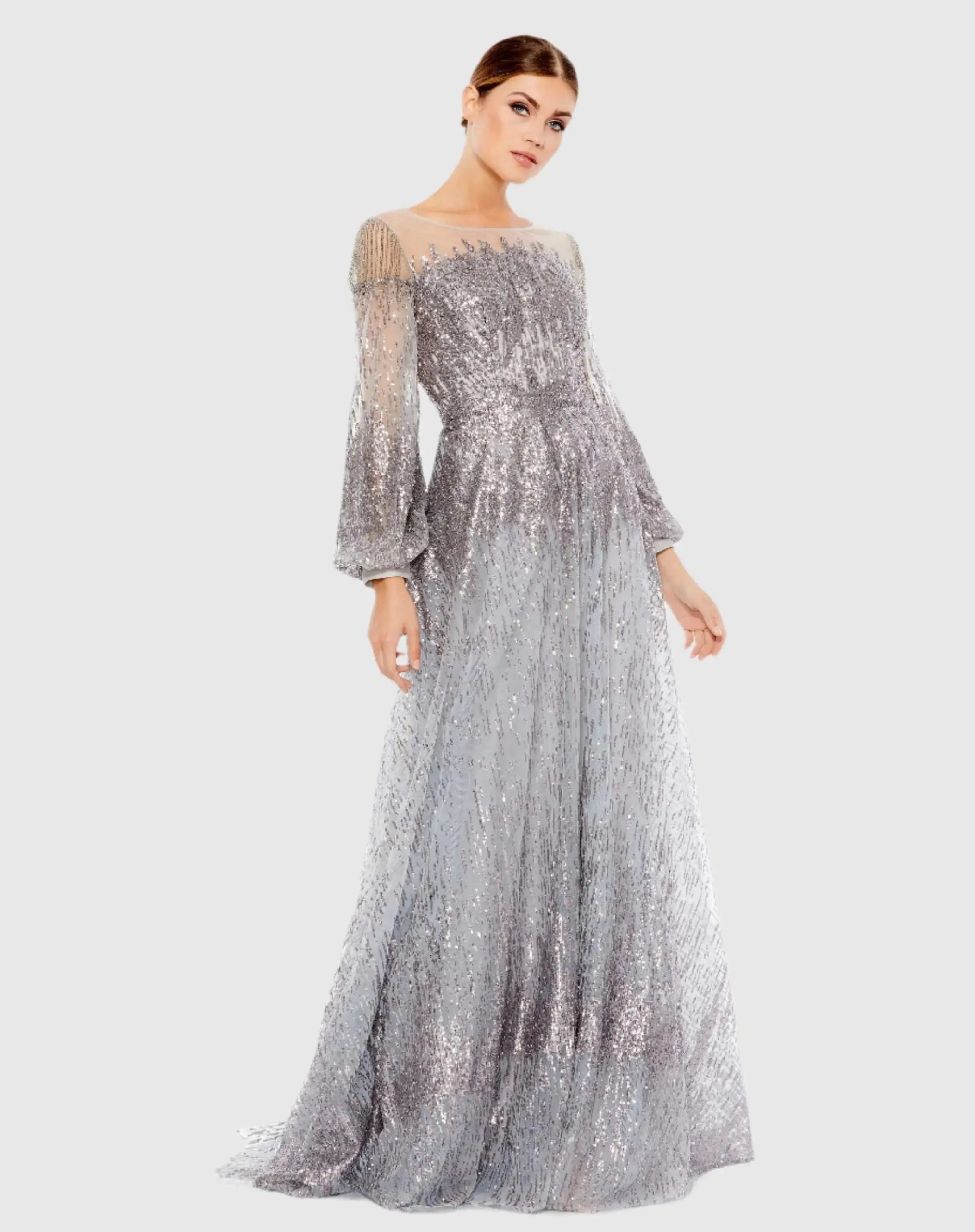 Jewel Encrusted Illusion Long Sleeve A Line Gown - Image 2
