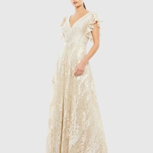 Embroidered Flutter Sleeve V-Neck Gown