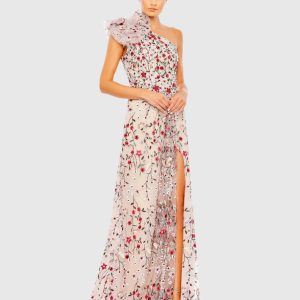 Pink Embellished One Shoulder A Line Floral Gown