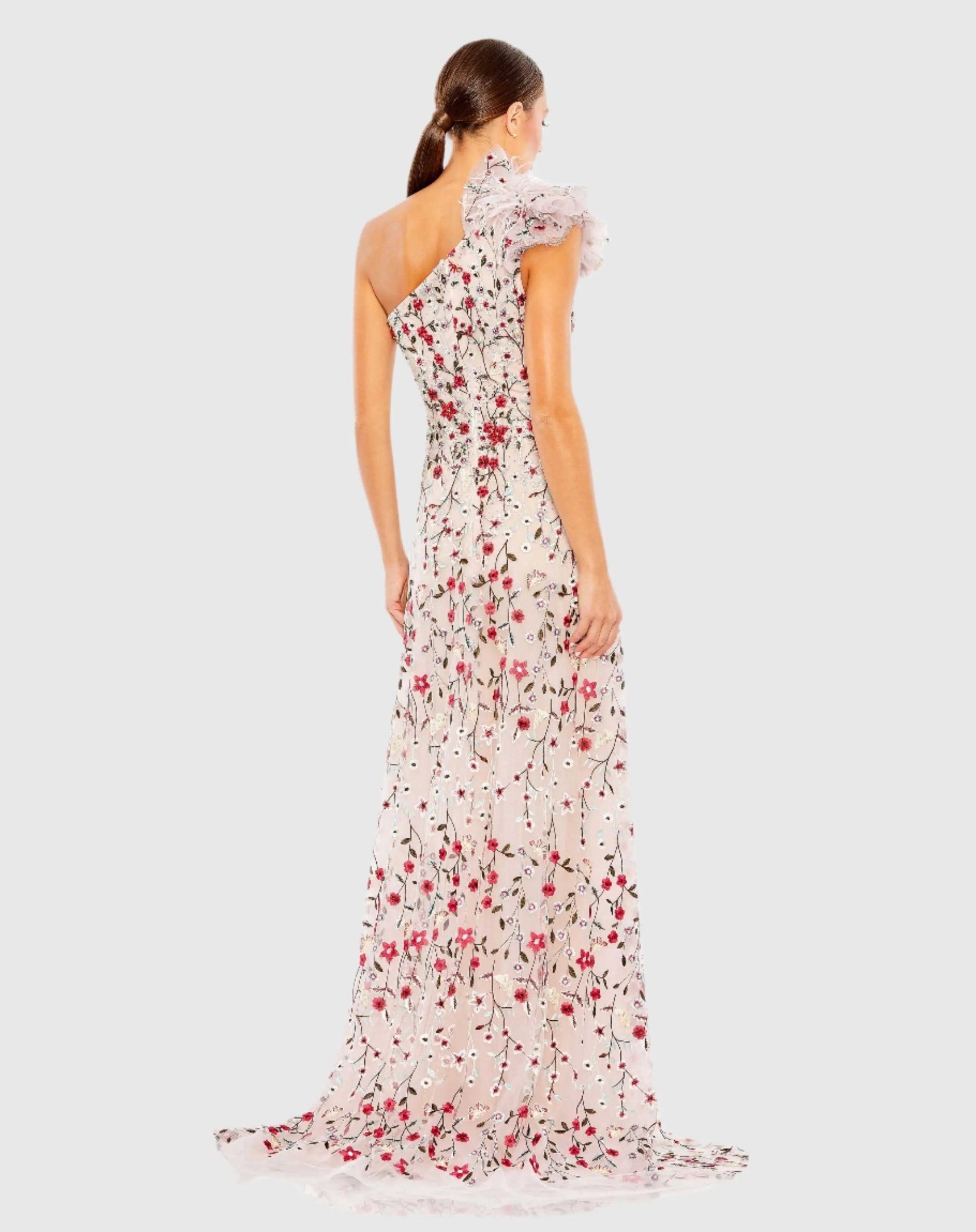 Pink Embellished One Shoulder A Line Floral Gown - Image 3