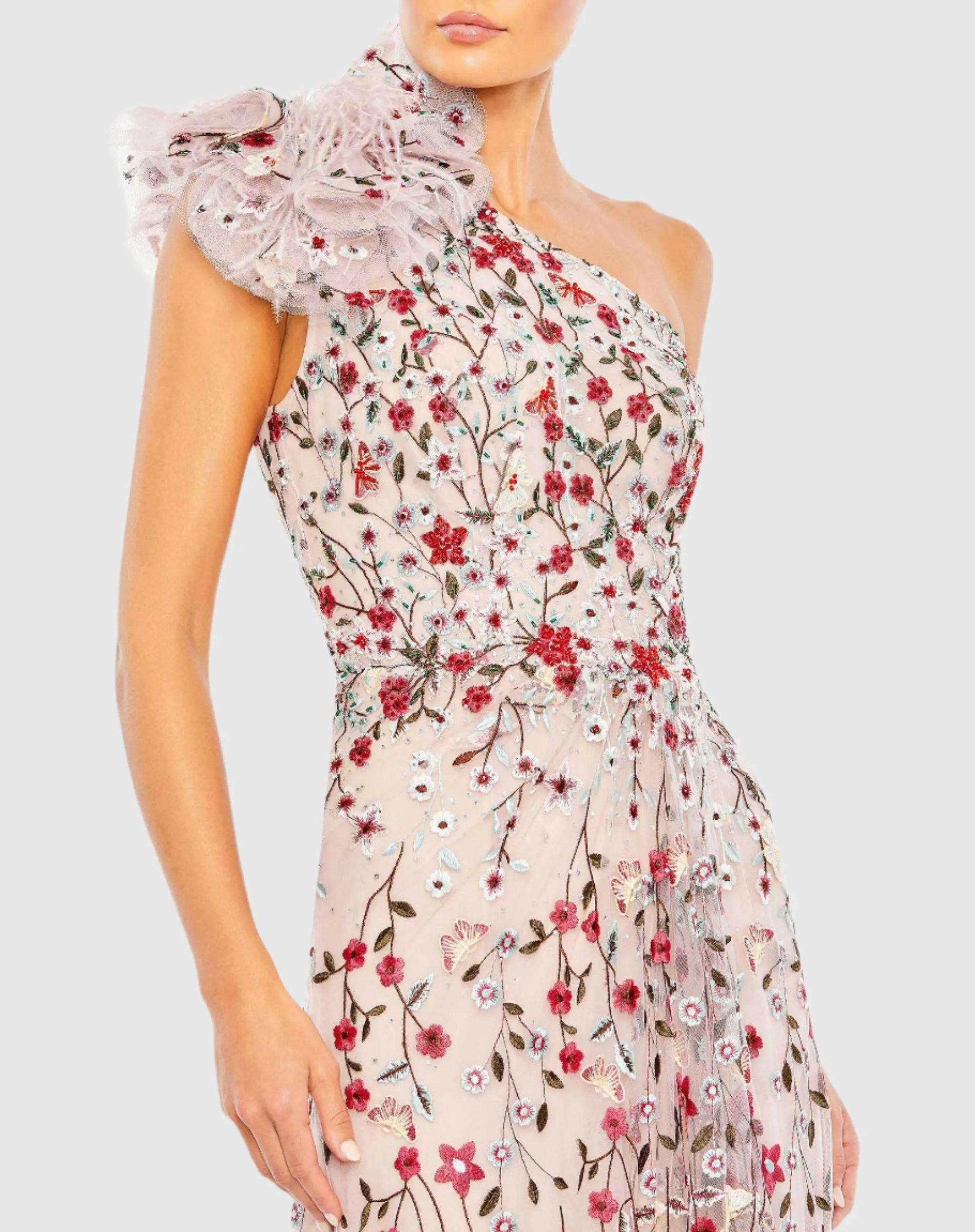 Pink Embellished One Shoulder A Line Floral Gown - Image 2