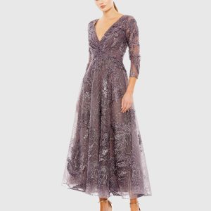 Purple Embellished Wrap Over 3/4 Sleeve Dress