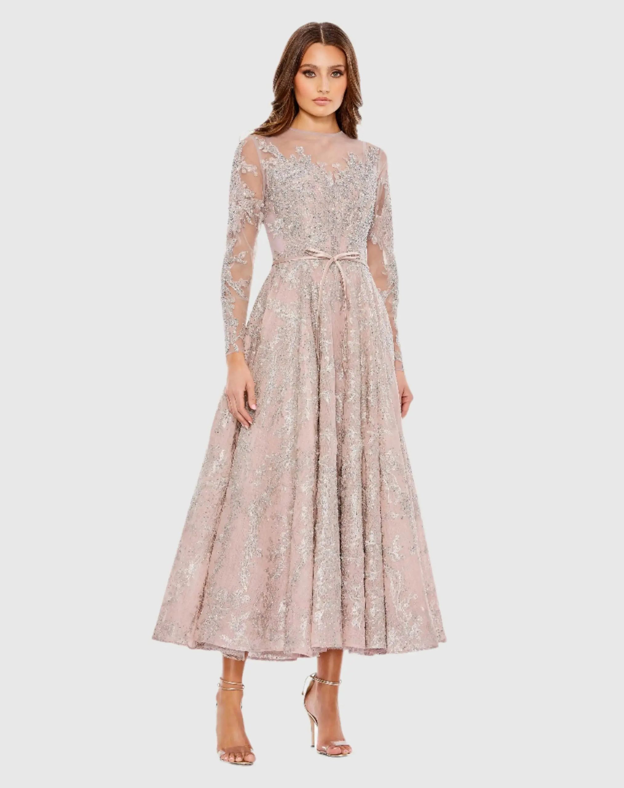 Embellished Bow Belt Illusion Long Sleeve A Line Dress - Image 2