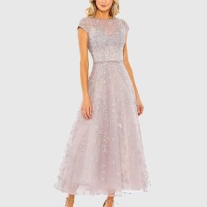 Purple Embellished High Neck Cap Sleeve A Line Dress