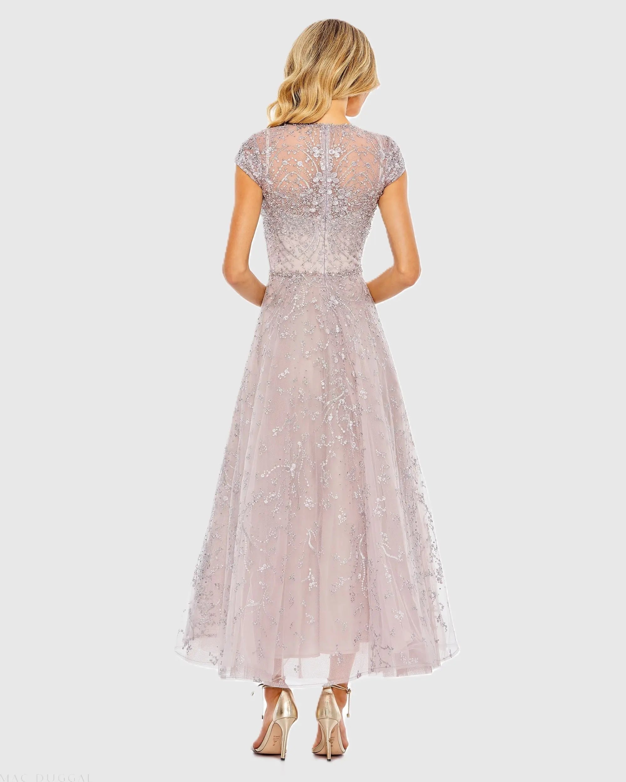 Purple Embellished High Neck Cap Sleeve A Line Dress - Image 3