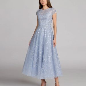 Blue Embellished High Neck Cap Sleeve A Line Dress