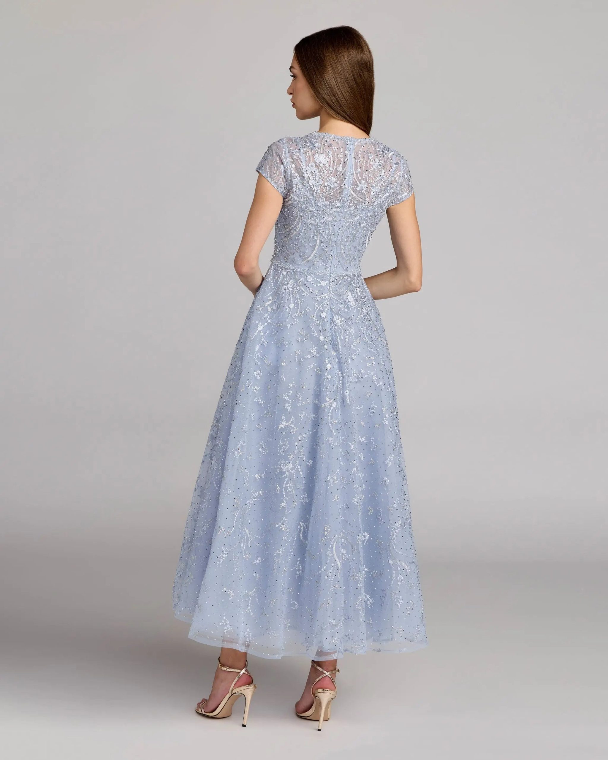 Blue Embellished High Neck Cap Sleeve A Line Dress - Image 3