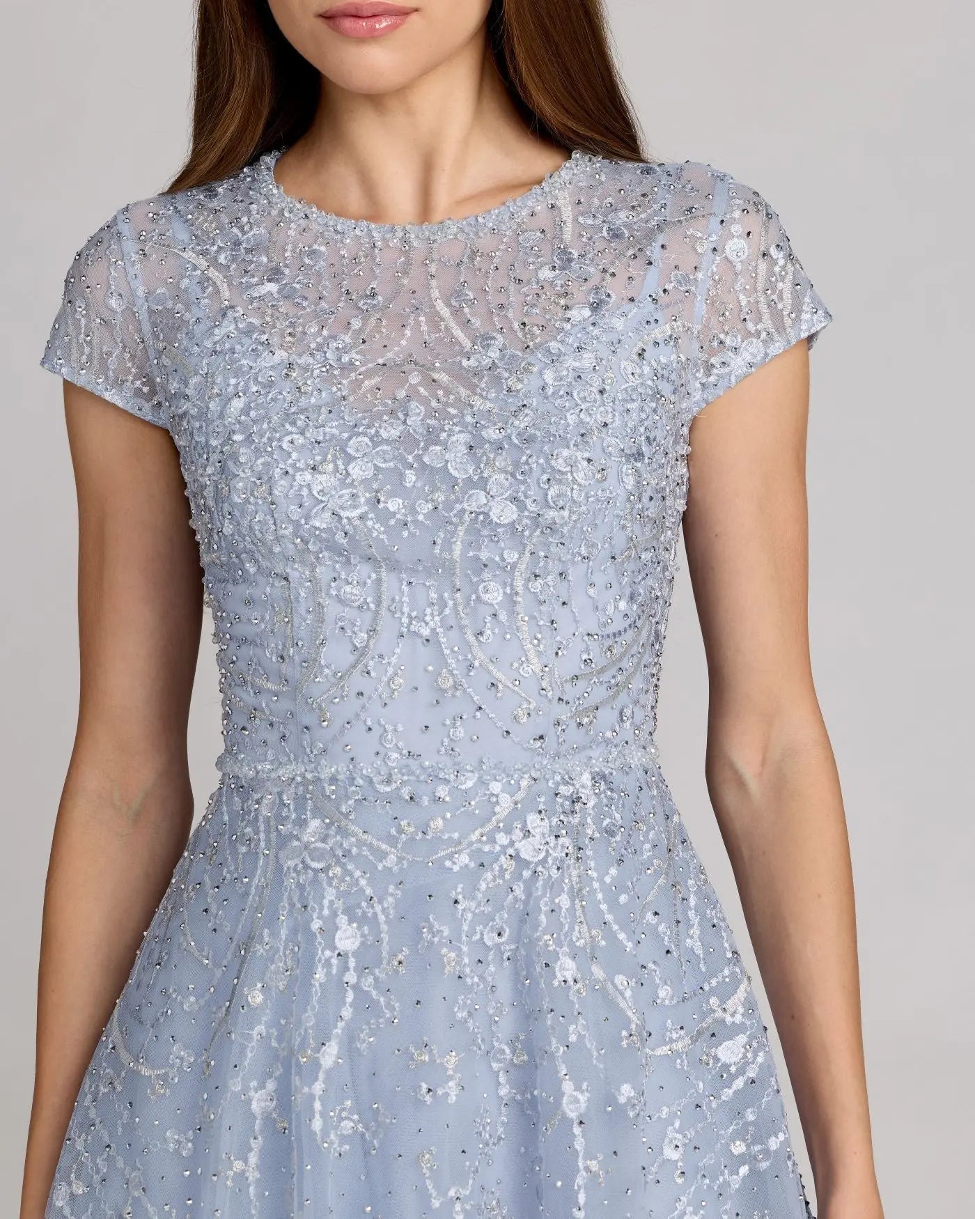 Blue Embellished High Neck Cap Sleeve A Line Dress - Image 2