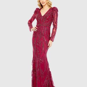 Embellished Puff Sleeve V Neck Gown