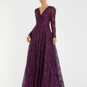 Dark Purple Embellished V Neck Long Sleeve A Line Gown