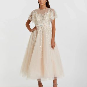 Beige Embellished Flutter Sleeve Bow Waist A Line Dress - FINAL SALE