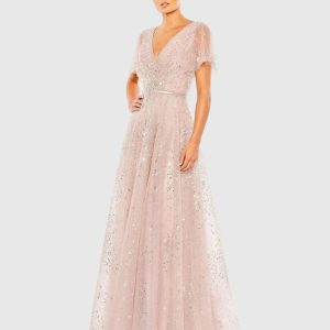 Pink Embellished Butterfly Sleeve Wrap Over Gown