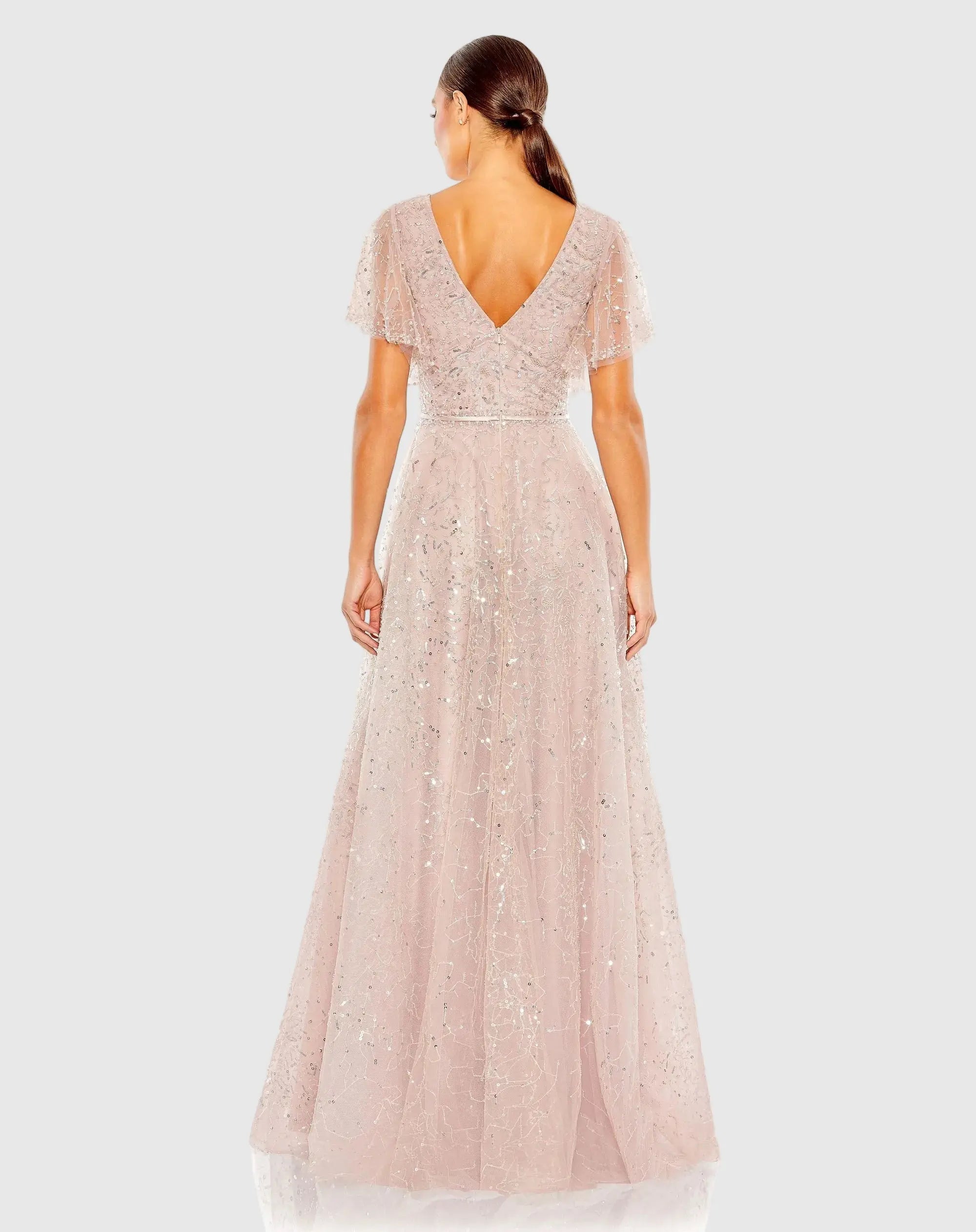 Pink Embellished Butterfly Sleeve Wrap Over Gown - Image 3