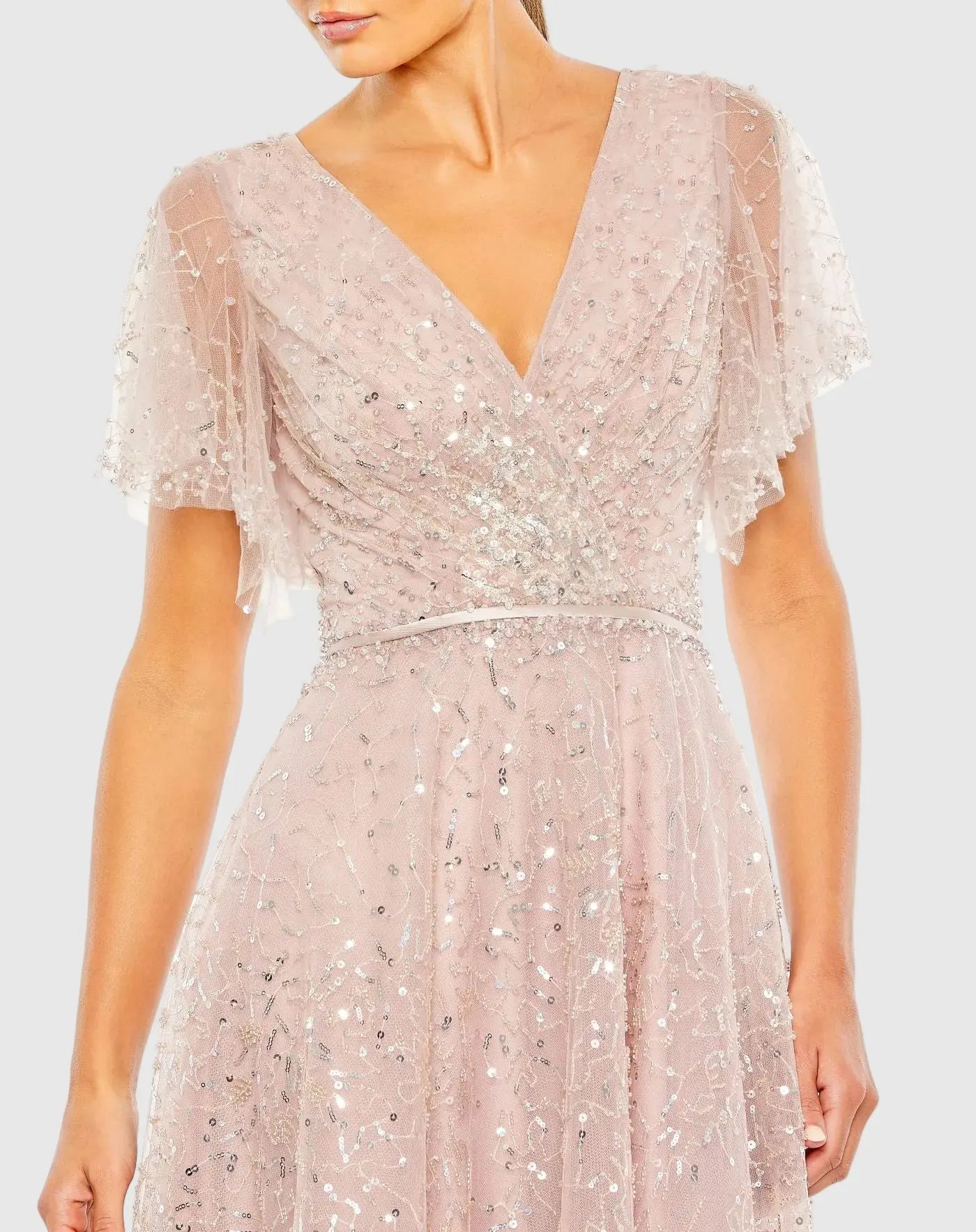 Pink Embellished Butterfly Sleeve Wrap Over Gown - Image 2