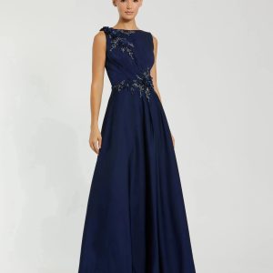 Navy Floral Applique Sleeveless A Line Gown