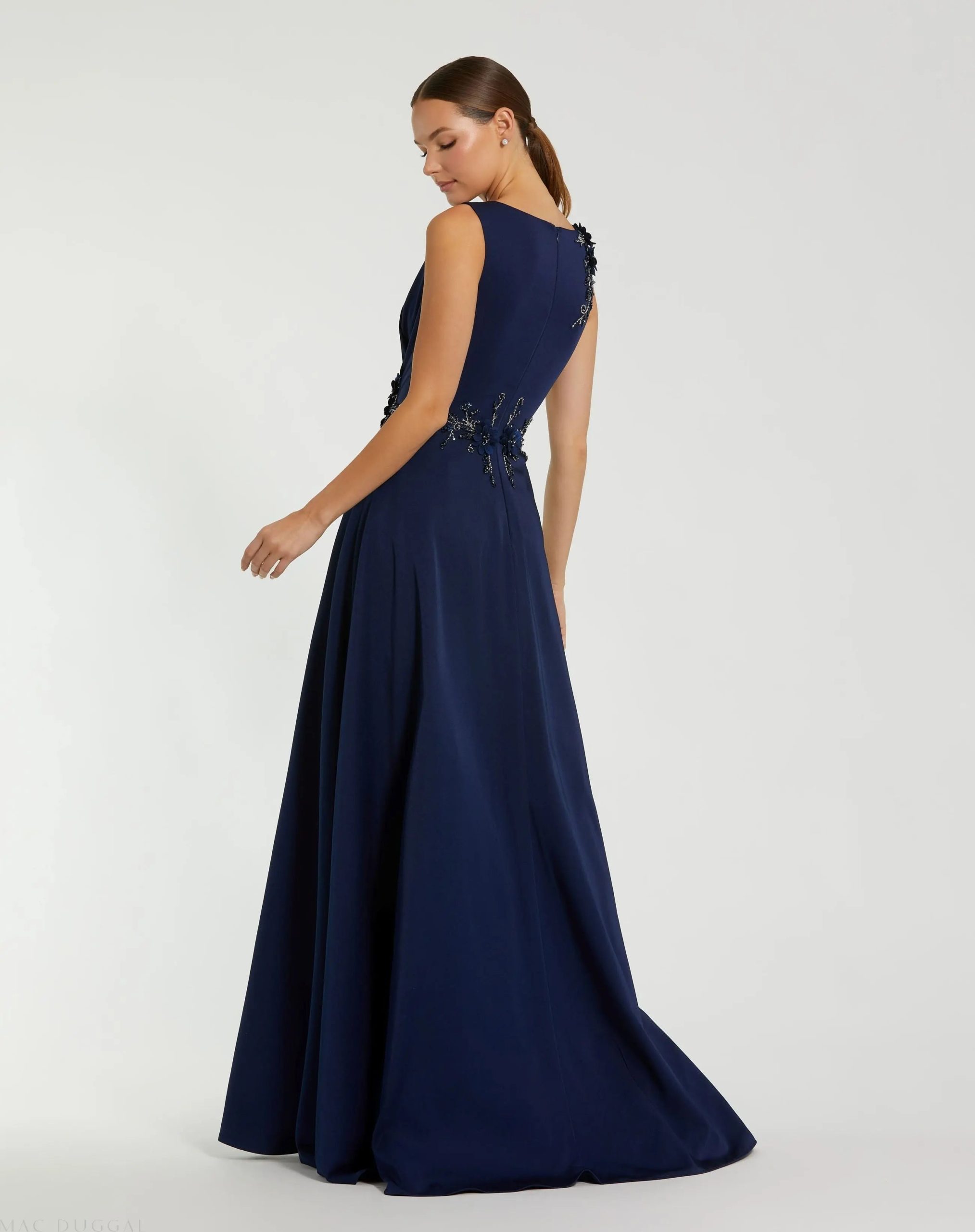 Navy Floral Applique Sleeveless A Line Gown - Image 3