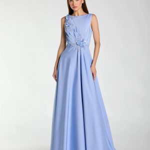 Blue Floral Applique Sleeveless A Line Gown