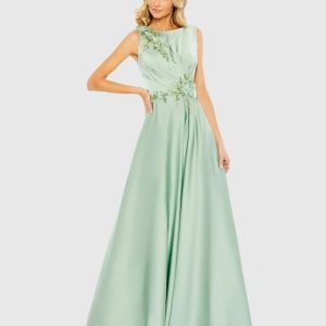Green Floral Applique Sleeveless A Line Gown