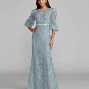 Blue Embroidered Boat Neck Puff Sleeve Gown