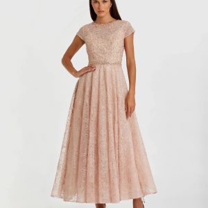 Pink Embellished Cap Sleeve A Line Dress