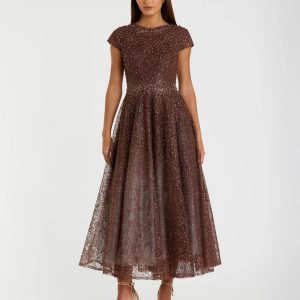 Brown Embellished Cap Sleeve A Line Dress