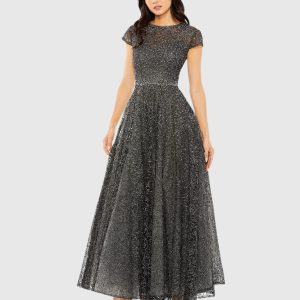 Gray Embellished Cap Sleeve A Line Dress