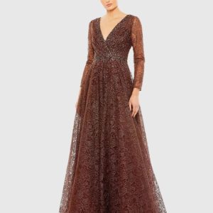 Brown Embellished Illusion Long Sleeve V Neck Gown