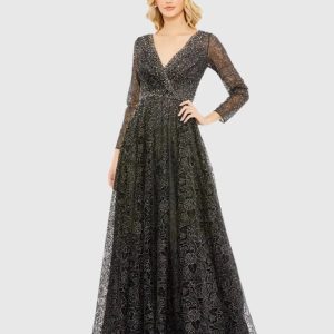 Gray Embellished Illusion Long Sleeve V Neck Gown