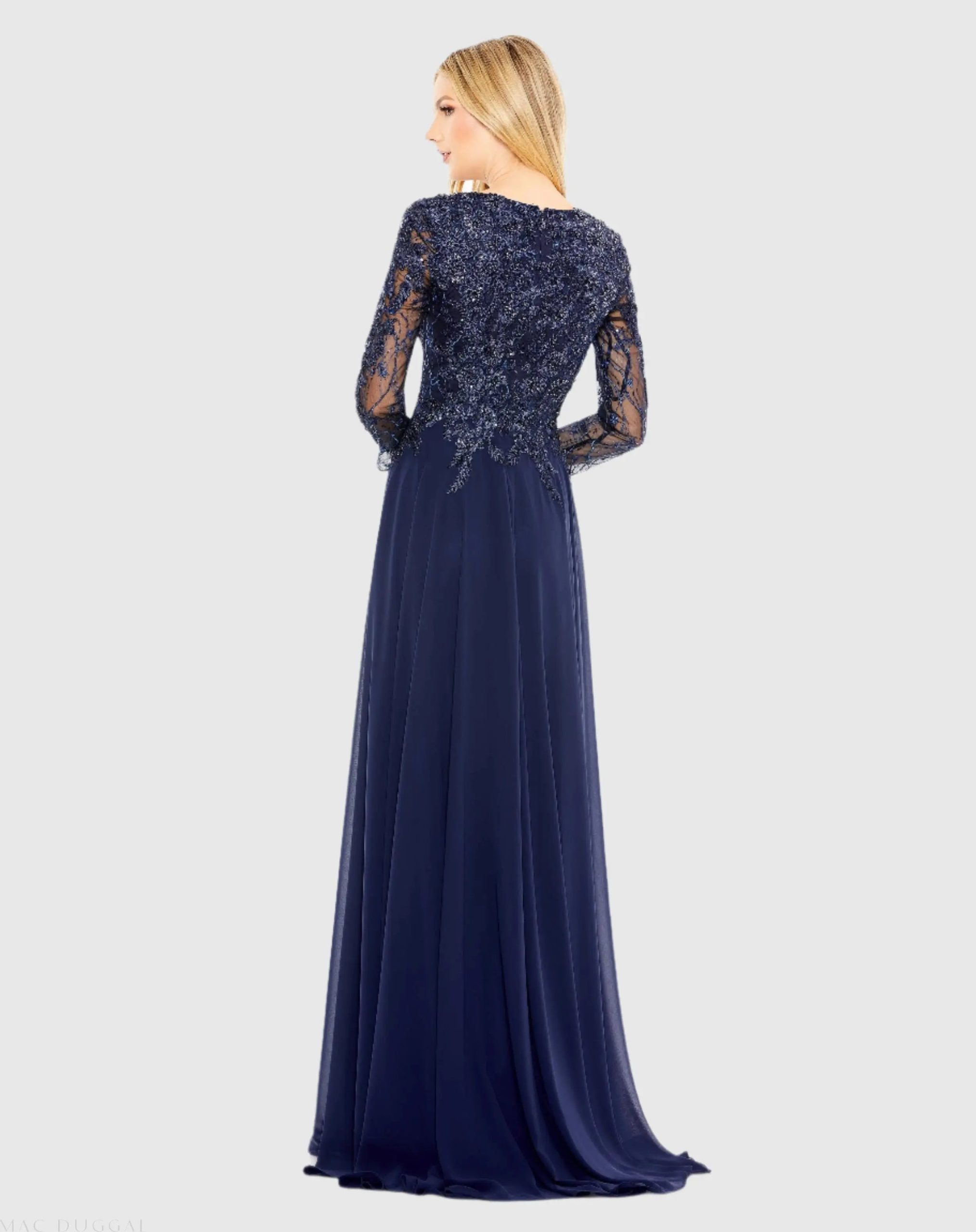 Navy Embellished Illusion V Neck Long Sleeve Gown - Image 3