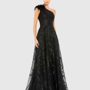 Black Embellished One Shoulder A Line Gown