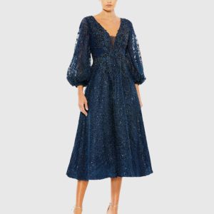 Navy Embellished Plunge Neck Bishop Sleeve Dress