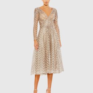 Beige Embellished Long Sleeve Wrap Over Dress