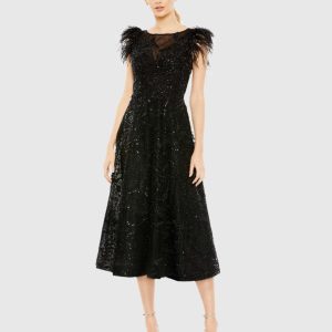 Black Feather Shoulder Embellished Dress