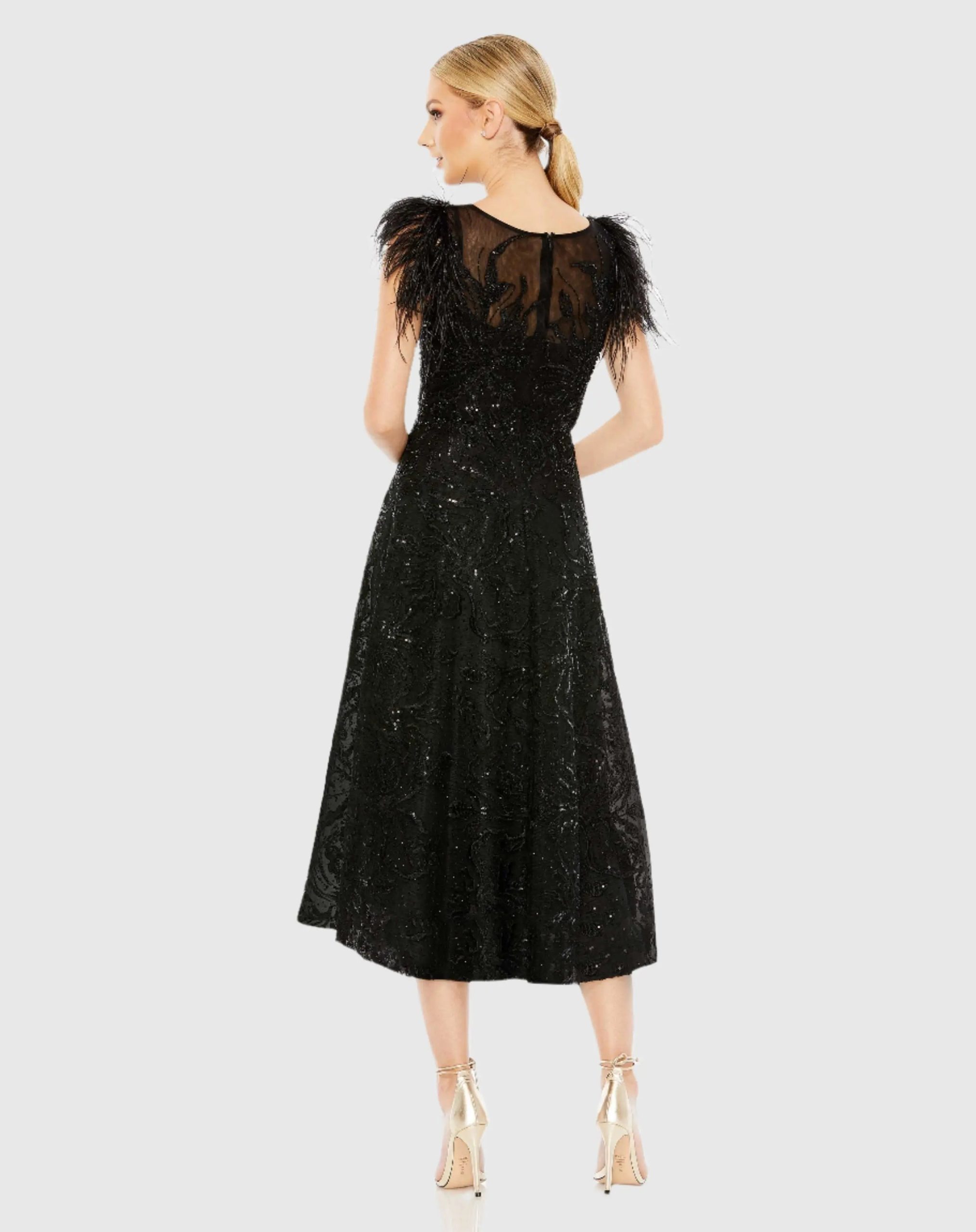 Black Feather Shoulder Embellished Dress - Image 3