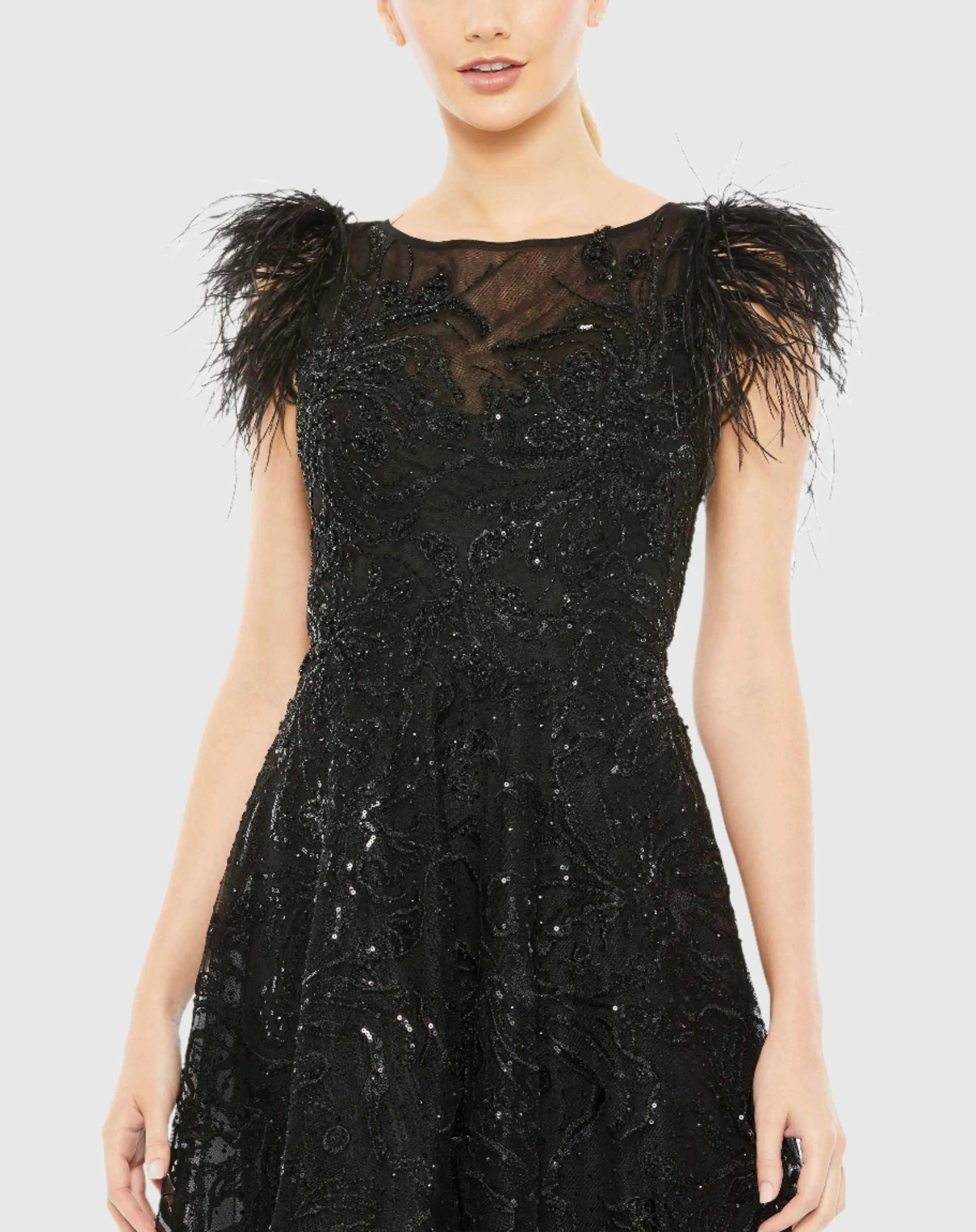 Black Feather Shoulder Embellished Dress - Image 2