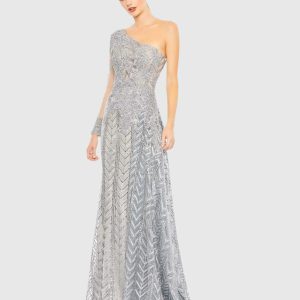 Silver Embellished One Shoulder A Line Gown