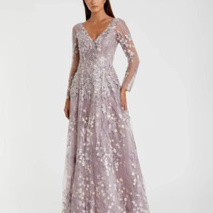 Embroidered Lace Wrap Over Illusion Long Sleeve A Line Gown