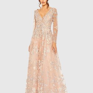 Pink Embroidered Lace Wrap Over Illusion Long Sleeve A Line Gown