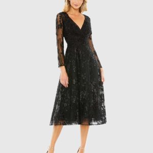 Black Embellished Floral Long Sleeve Dress