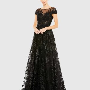 Black Embellished Floral Cap Sleeve A Line Gown