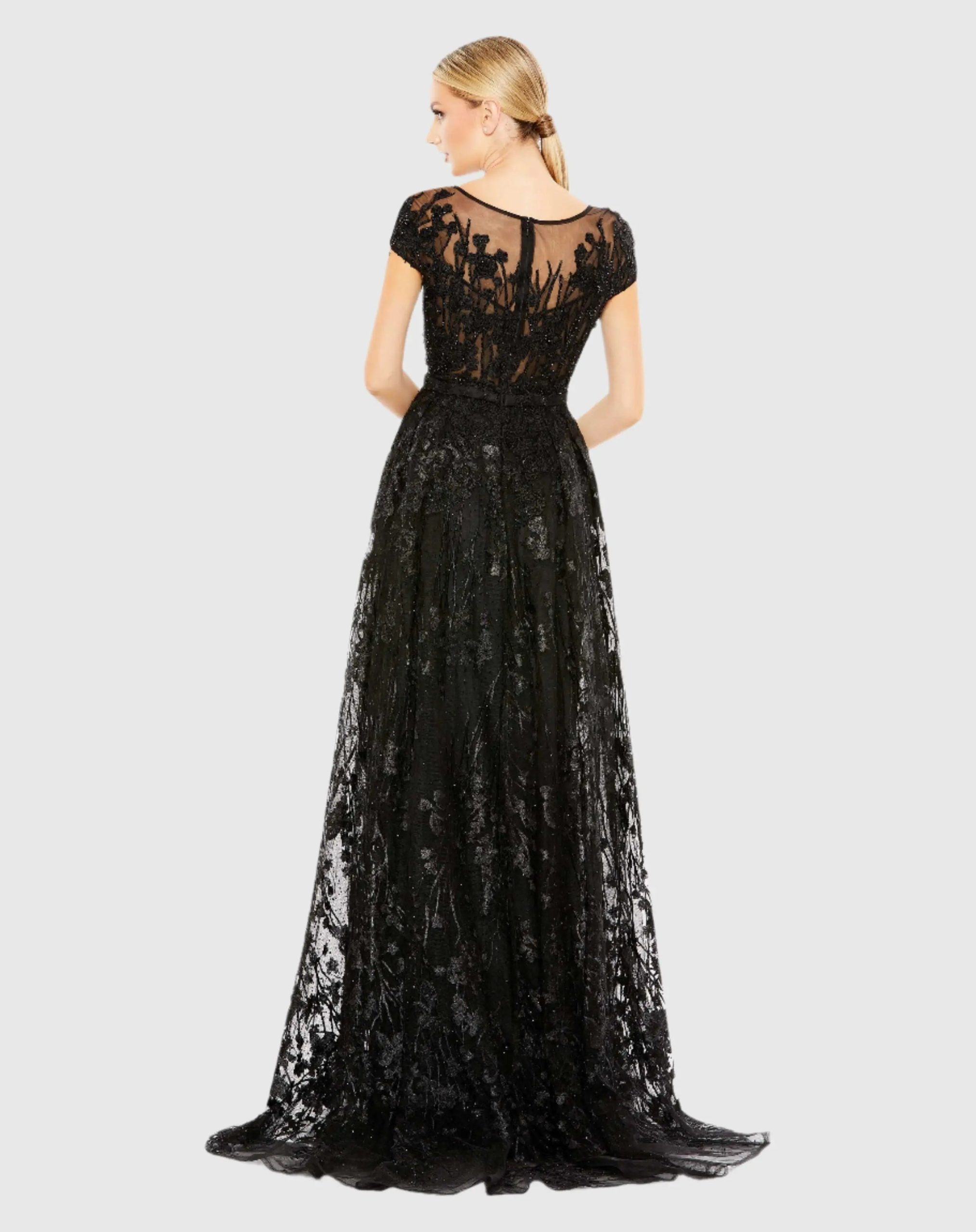 Black Embellished Floral Cap Sleeve A Line Gown - Image 3