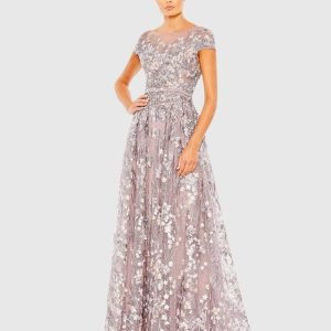 Light Purple Embellished Floral Cap Sleeve A Line Gown