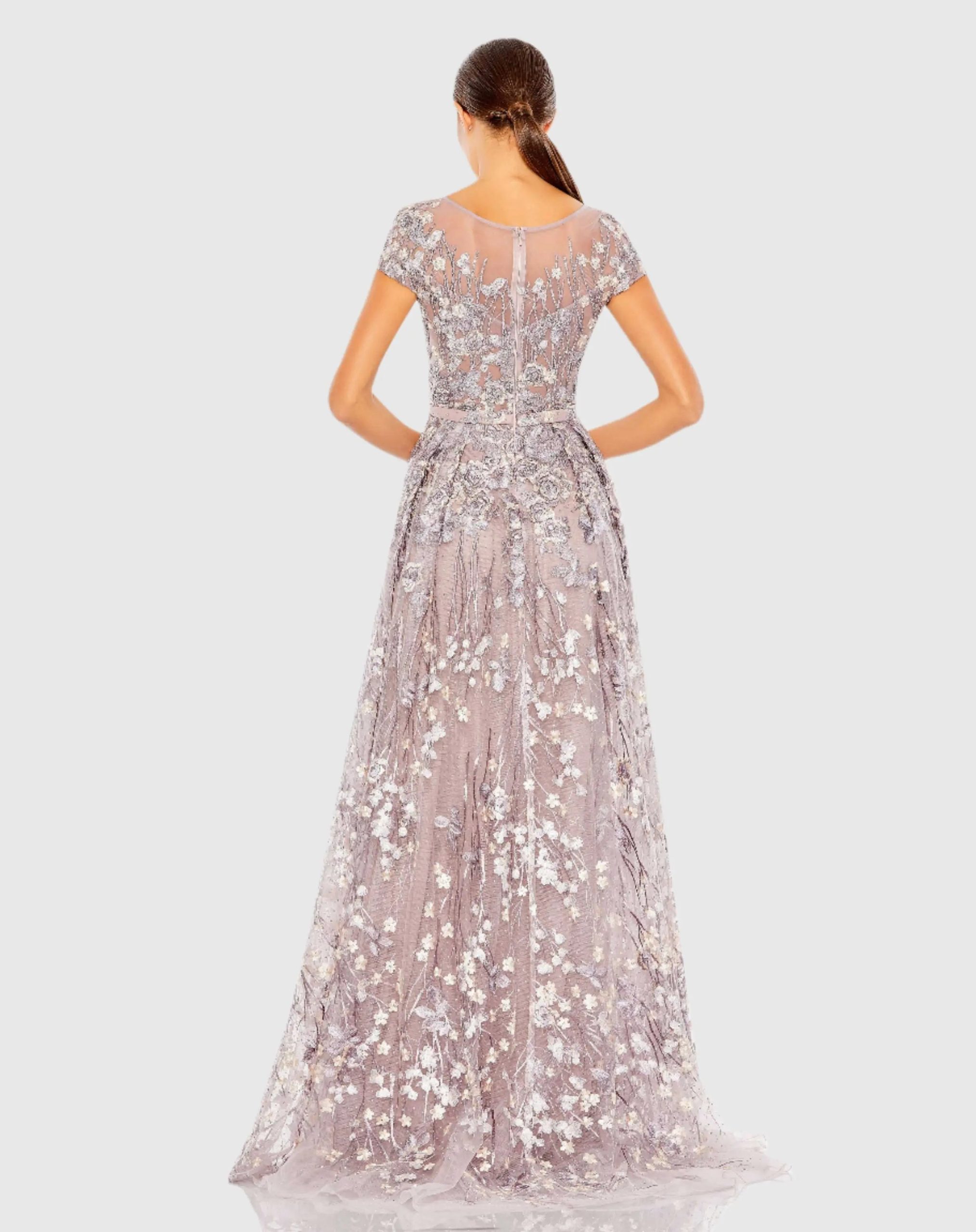 Light Purple Embellished Floral Cap Sleeve A Line Gown - Image 3