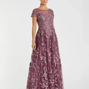 Purple Embellished Floral Cap Sleeve A Line Gown