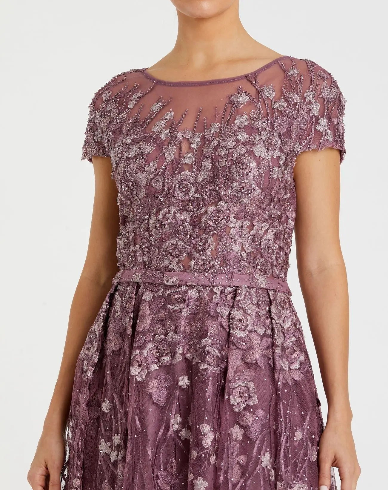 Purple Embellished Floral Cap Sleeve A Line Gown - Image 2