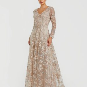 Beige Embroidered Long Sleeve A-Line Gown