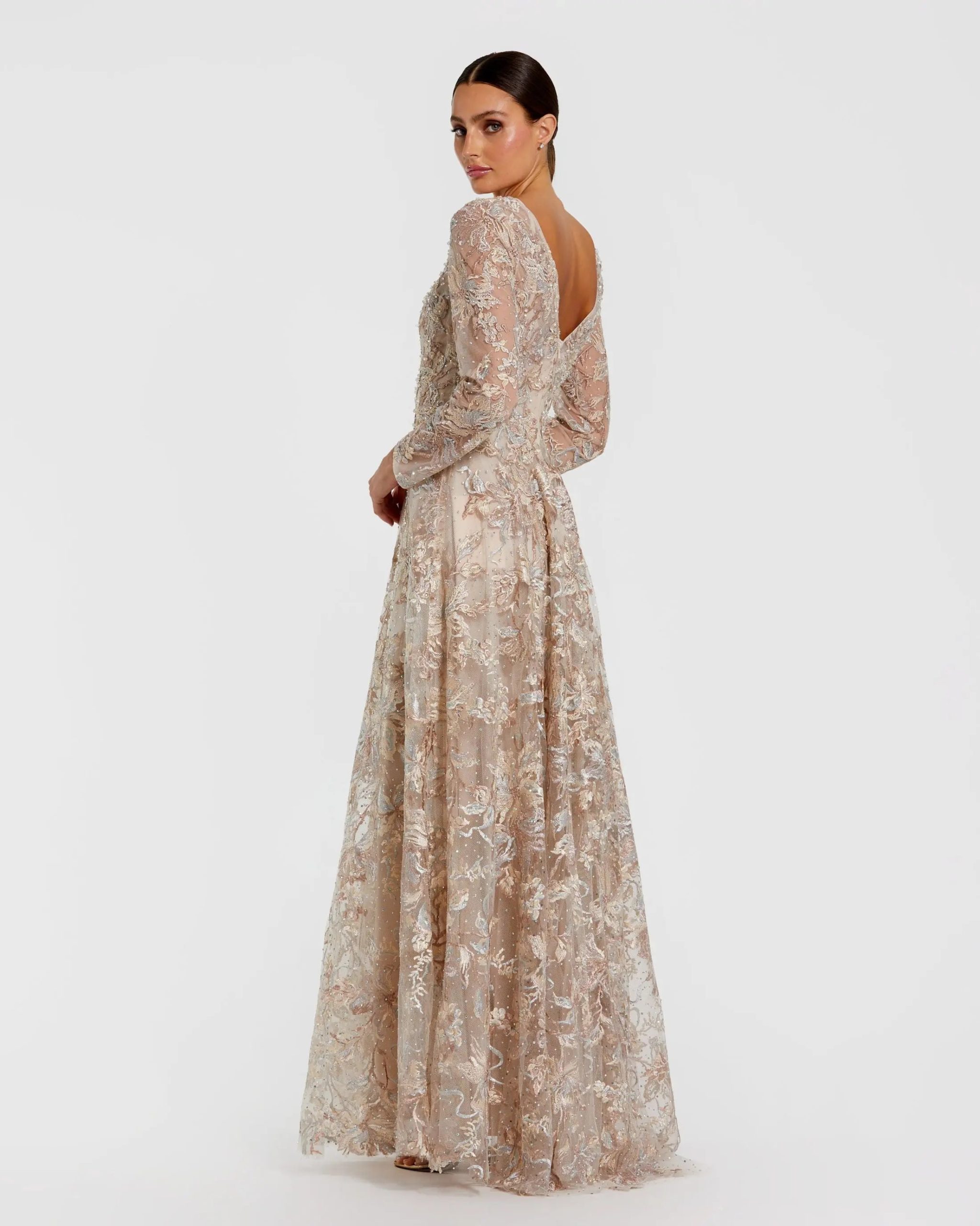 Beige Embroidered Long Sleeve A-Line Gown - Image 3