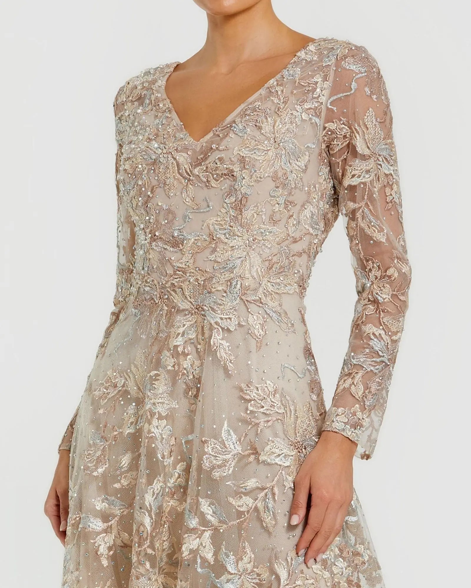 Beige Embroidered Long Sleeve A-Line Gown - Image 2