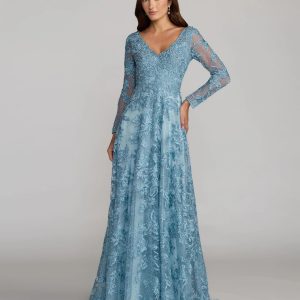 Blue Embroidered Long Sleeve A-Line Gown